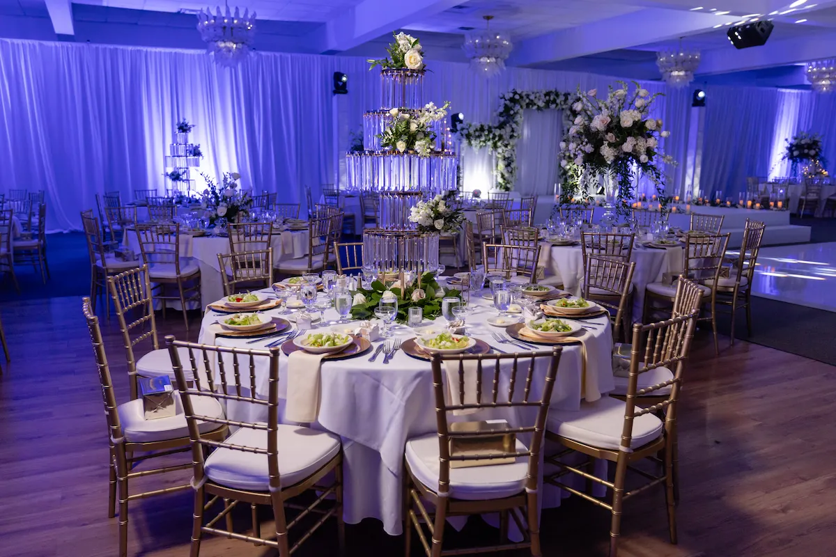 An event set up in the ballroom at The Palace Center